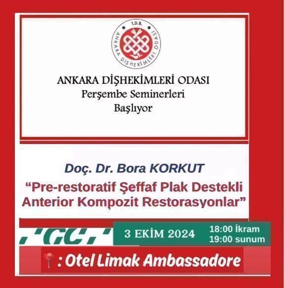 “03 Ekim 2024 - "Pre-restoratif şeffaf plak destekli anterior kompozit restorasyonlar" başlıklı konferansımız” görseli