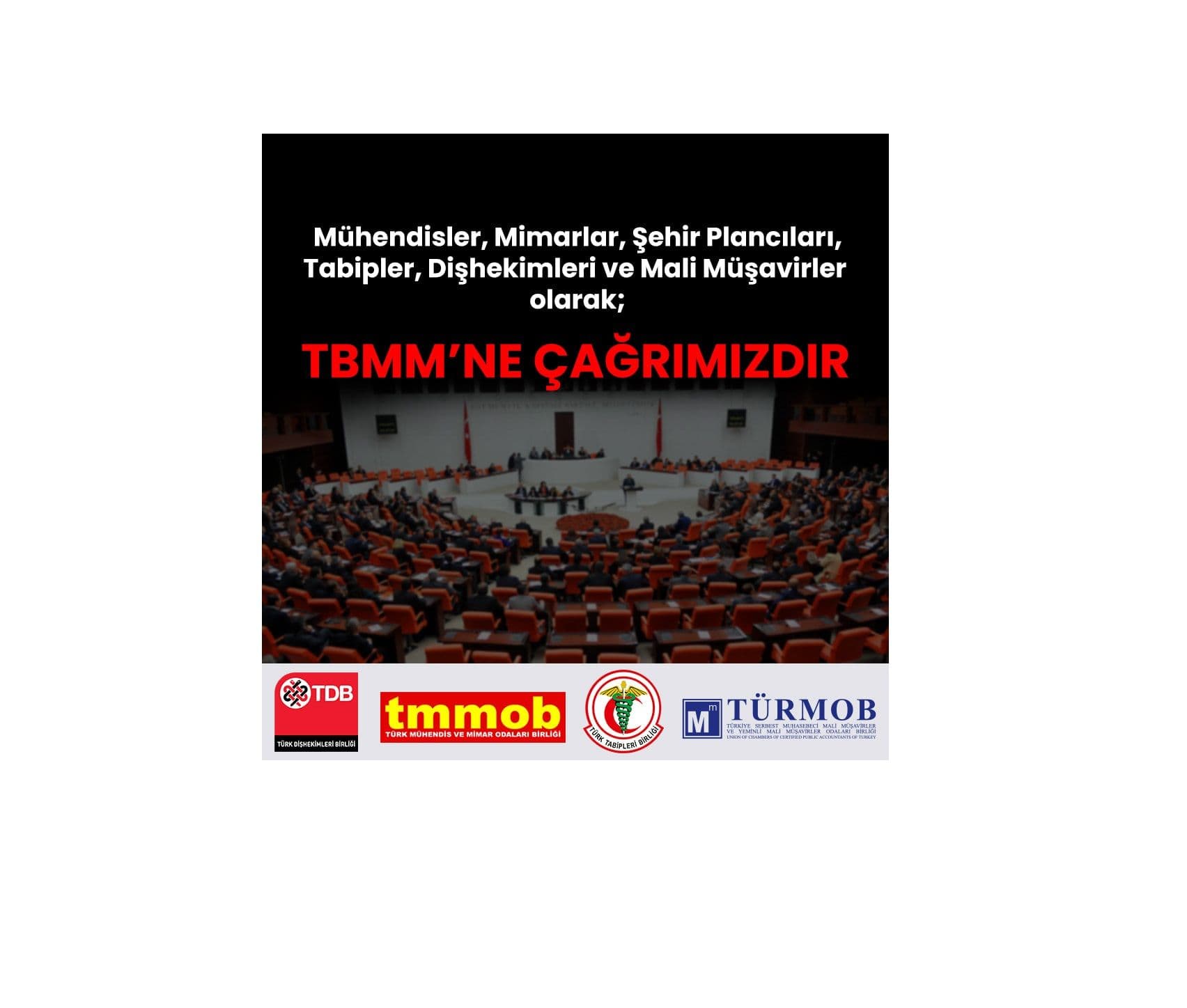 “Mühendisler, Mimarlar, Şehir Plancıları, Tabipler, Dişhekimleri ve Mali Müşavirler olarak; TBMM’ye ÇAĞRIMIZDIR” görseli