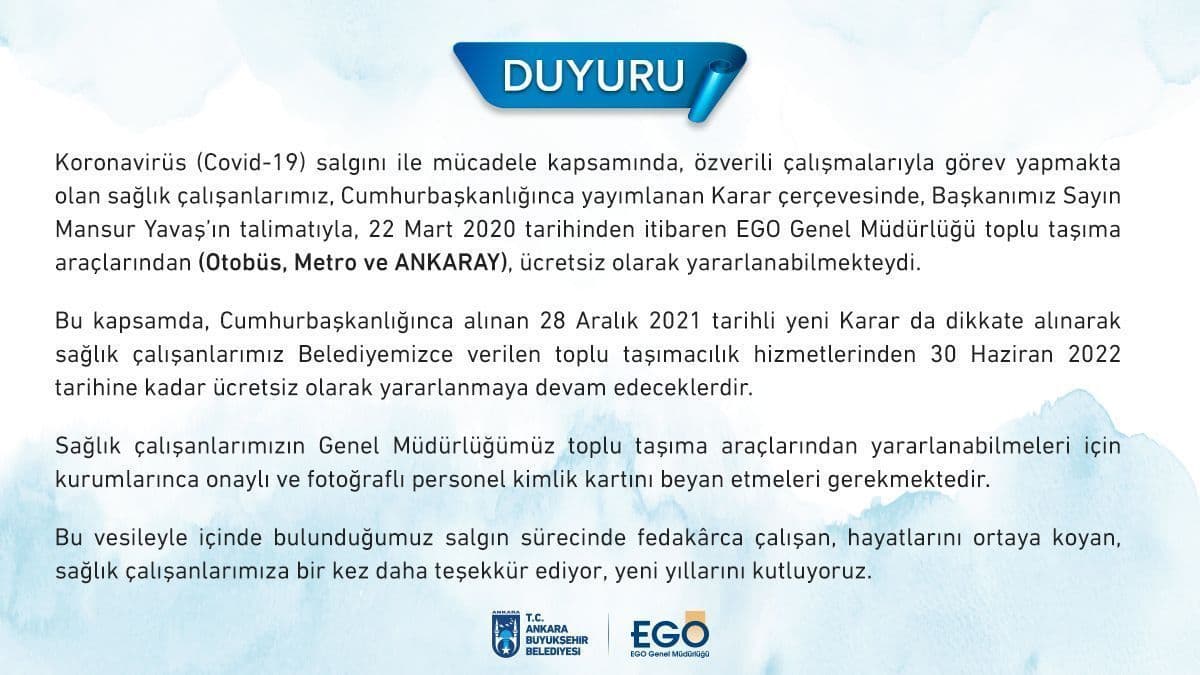 “Duyuru-sağlık çalışanları için ücretsiz ulaşım süresi 30 Haziran 2022 tarihine kadar uzadı” görseli
