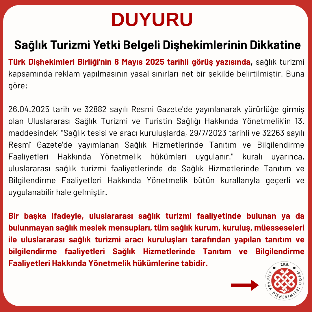 “Sağlık Turizmi Yetki Belgeli Dişhekimlerinin Dikkatine” görseli