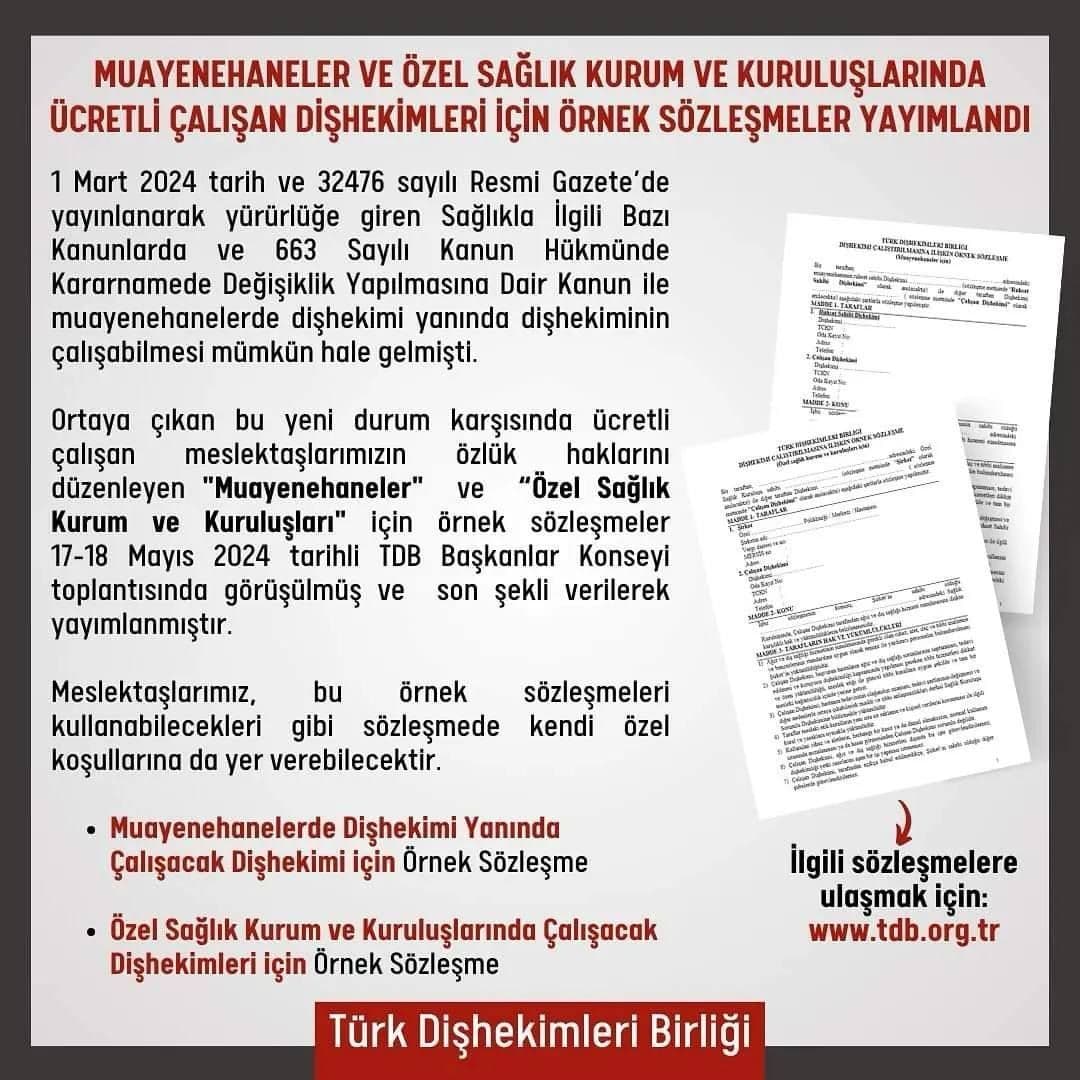 “Muayenehaneler ve özel sağlık kurum ve kuruluşlarında ücretli çalışan dişhekimleri için örnek sözleşmeler yayımlandı” görseli
