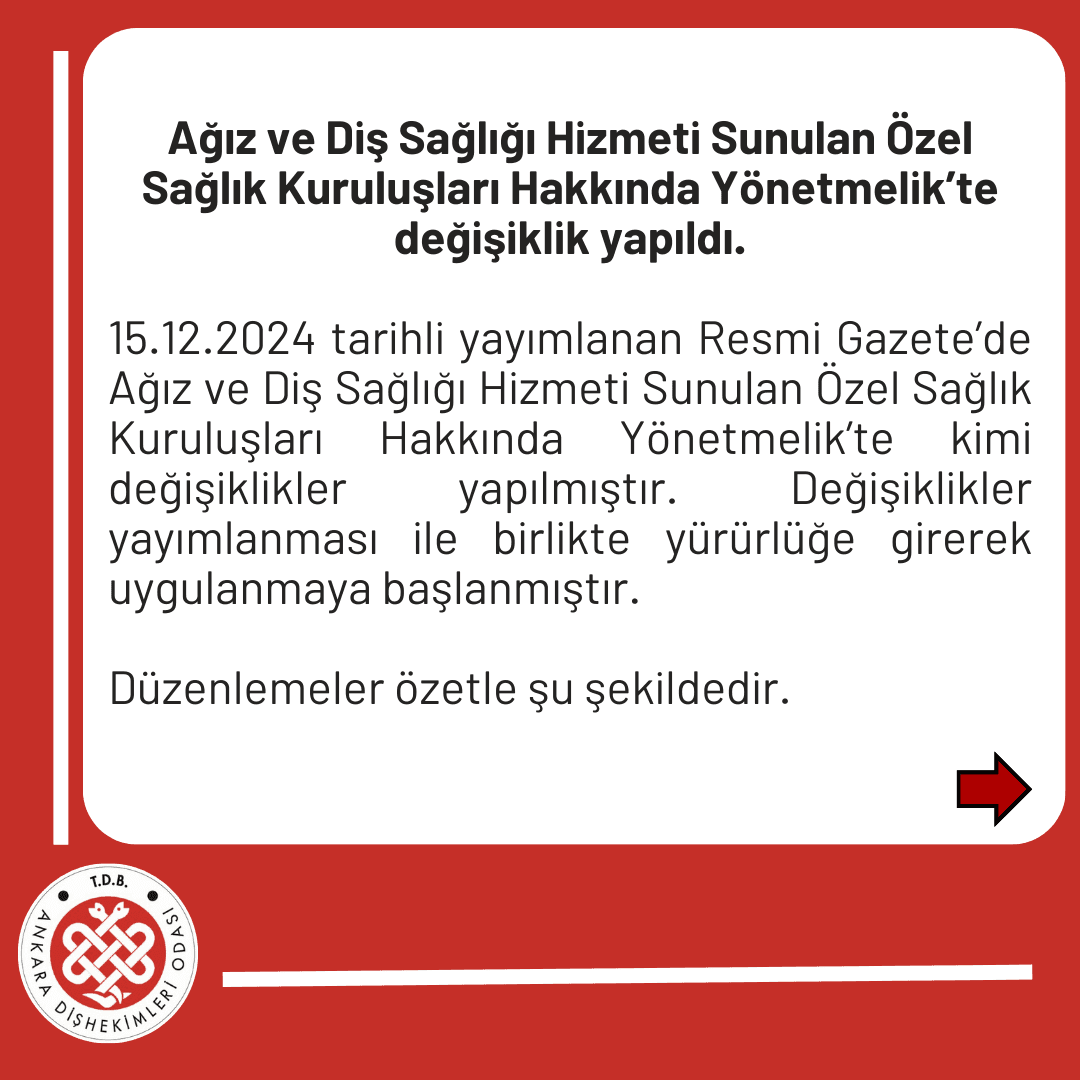 “Ağız ve Diş Sağlığı Hizmeti Sunulan Özel Sağlık Kuruluşları Hakkında Yönetmelik’te değişiklik yapıldı.” görseli